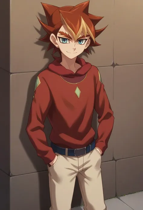 score_9, score_8_up, score_7_up, source_anime, highly detailed, 
allen, solo, 1boy, male focus, upper body, spiked hair, boots, multicolored hair, brown hair, blonde hair, pants,  blue eyes, smile, shirt, red shirt, long sleeves, hand in pocket,
outdoor,