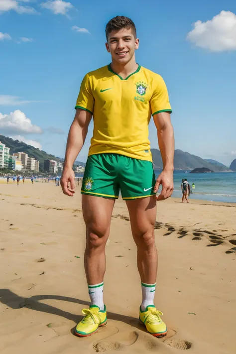 Copacabana beach, walking along the beach, smiling, BrenoSoares, wearing (brazil attire), (yellow soccer jersey), green shorts, sneakers, (((full body portrait))), wide angle,  <lora:BrenoSoares:0.8>  <lora:BrazilAttire:0.75>