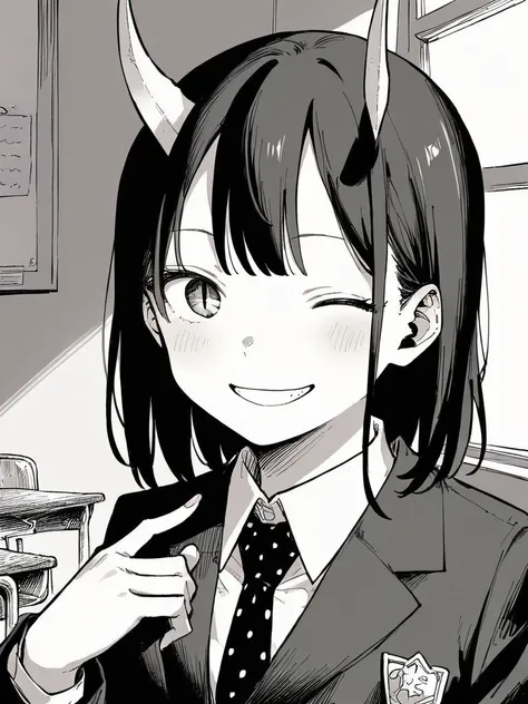 score_9, score_8_up, score_7_up, 
1girl, aoki ruri, medium hair, black hair, straight hair, horns, 
slit pupils,
monochrome, 

black blazer, black necktie, school uniform, standing, classroom, looking at viewer, wink, smile,