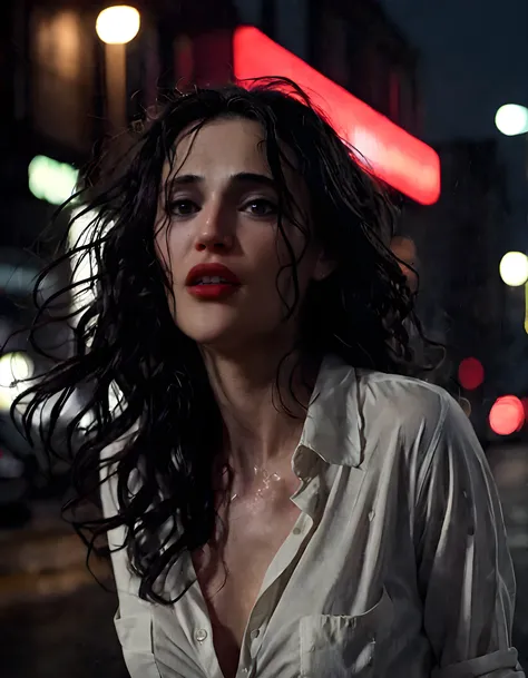 In a dimly-lit, neo-noir cityscape at twilight, JC2K1 is captured in a dramatic close-up, her long, wavy, raven hair cascading around her face as she gazes intently into the distance, her full, parted lips dripping with a hint of red lipstick, set against ...