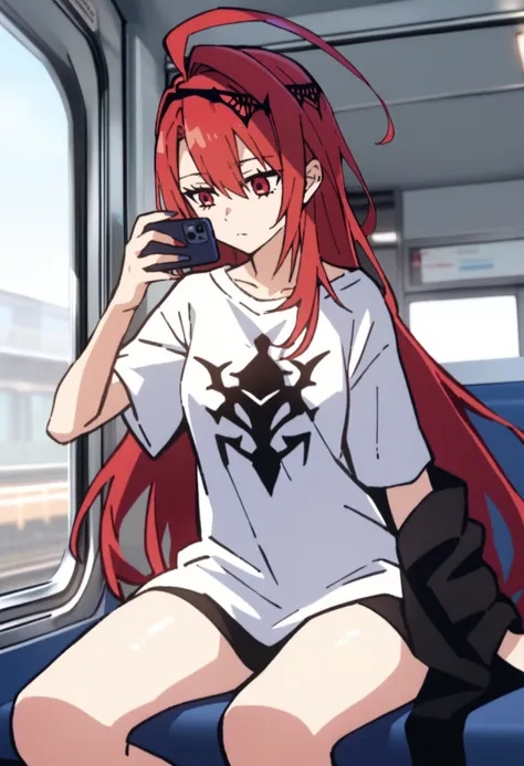 1girl, elizabeth rose bloodflame, hololive english,
long hair, red hair, red eyes, multicolored hair, white shirt, t-shirt, oversized clothes, looking at phone, ahoge, sitting, 
train interior, 
masterpiece, best quality,