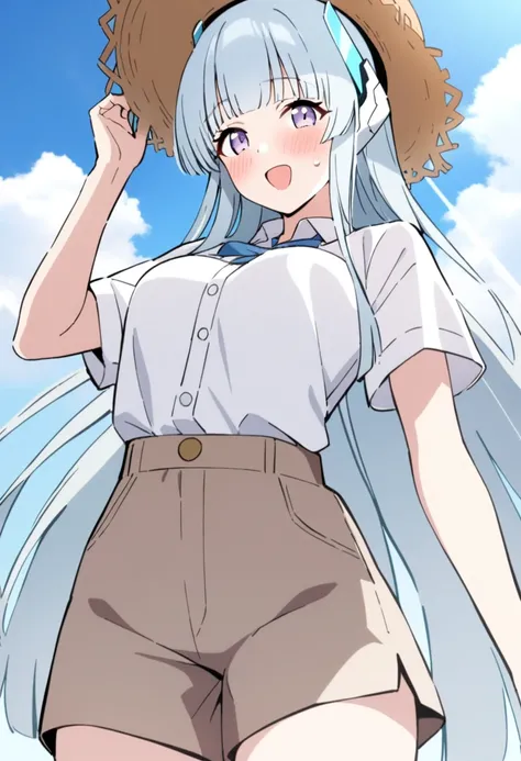 1girl, noa (blue archive), blue archive, alternate costume, blue sky, blush, brown hat, cloud, cowboy shot, day, drop earrings, earrings, hand up, hat, looking at viewer, open mouth, outdoors, shirt, shirt tucked in, short sleeves, shorts, sky smile, solo,...