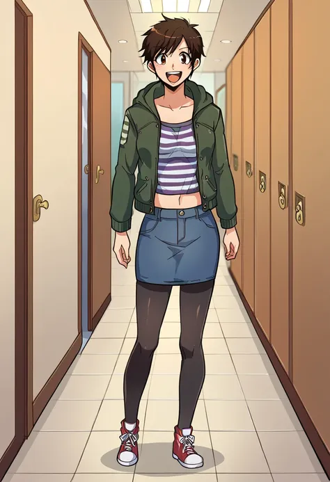 source_anime,score_9,score_8_up,score_7_up,score_6_up BREAK 1girl,solo,danamercer <lora:Danamercerpony:0.95>,standing,jacket,hood down,striped shirt,midriff,denim skirt,black pantyhose,sneakers,full body,in apartment hallway,happy,:d