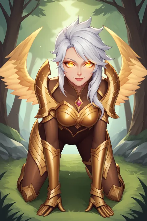 score_9, score_8_up, score_7_up, score_6_up, score_5_up, score_4_up, BREAK, KayleLoLXL, glowing eyes, yellow eyes, white hair, long hair, bangs, medium breasts, yellow wings, gold armor, gold shoulder armor, arm armor, gold gloves, gold breastplate, brown ...