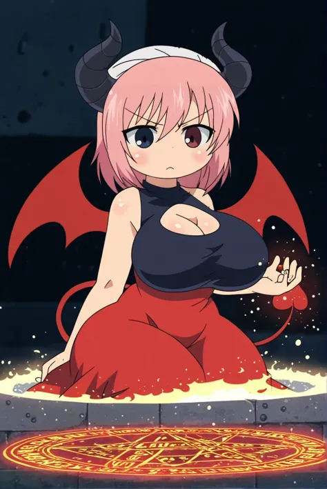 comedy style, anime screencap,  consistent background, perfect composition, sitting, magic circle, heterochromia, devil girl, horns, tail, wings, public place, ancient city,  pink hair girl, ideal body, adult female, big breasts, forced perspective, half t...