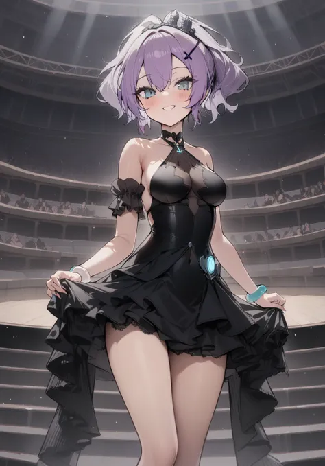 <lora:javelin_XL_v1.0:0.8> ,javelin_(azur_lane), black_dress,hair_ornament,arm_garter,bare legs,cowboy shot,smile,amphitheater,, masterpiece, best quality,  very aesthetic, absurdres,