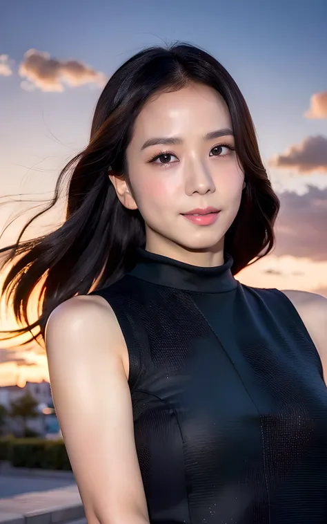 <lora:Jisoo_V1:1> Jisoo_V1,, (realistic), (hyperrealism), (photorealistic:1.4), 1girl, looking at the viewer, eye makeup, detailed eyes, detailed face, (upper body:1.2), detailed background, black dress, walking at the streets, sunset, (windy:1.2)