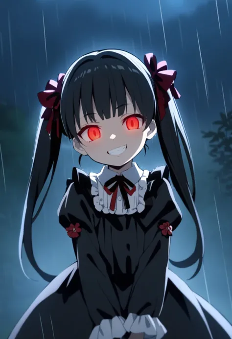 1girl, aged down, 
long hair, black hair, twintails, hair ribbon, red eyes, glowing eyes, grin, evil smile, gothic, black dress, frills, flower ornament, head tilt, 
rain, night, lightning, 
masterpiece, best quality,