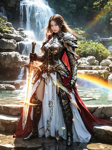 A girl is standing in front of hot spring and holding a large ornate sword, show breasts,
the image seems to be a representation of a knight,
which is positioned vertically, wearing a costume,
posing to viewer, solo, hot spring background, playful theme,
h...