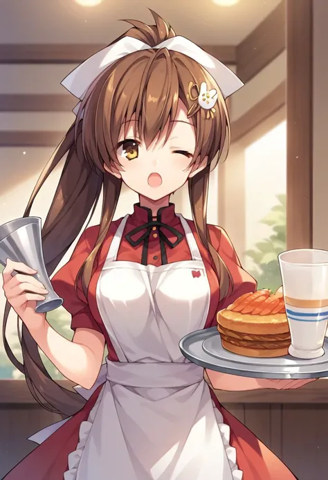 score_9, score_8_up, score_7_up, source_anime,yamabuki aoi, brown hair, long hair, ponytail, yellow eyes, 1girl, solo, one eye closed, waitress, tray, brown eyes, apron, food, open mouth, cup, hair ornament, ribbon