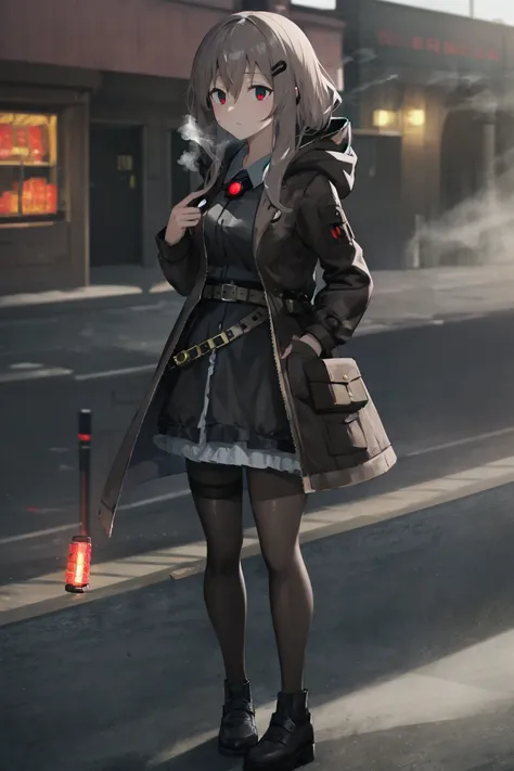 absurdres, high detail, 4k,
outdoors, town, steampunk, smoke, brick road, full body,
standing, expressionless,
solo, marfusha, hairclip, brown coat, hooded coat, long sleeves, brooch, shotgun shell, black dress, belt, frills, brown pantyhose, black footwea...