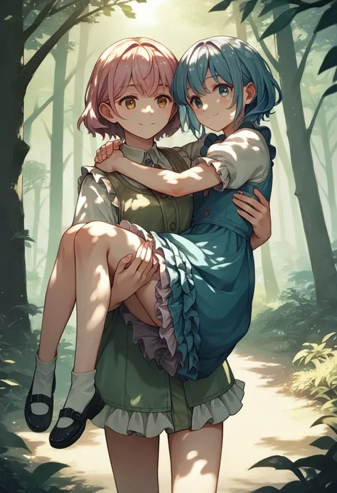 score_9, score_8_up, score_7_up, score_6_up, source_anime, <lora:princess_carry_v0.3-pony:1>
princess carry, 2girls, frilled dress, forest, smile, dappled sunlight,