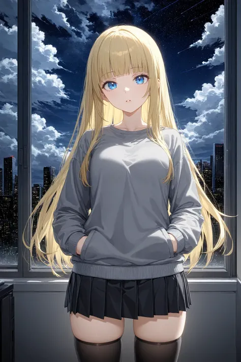 1girl, solo, indoors, black skirt, black thighhighs, blonde hair, blue eyes, blunt bangs, cloud, cloudy sky, cowboy shot, grey shirt, hands in pockets, long hair, long sleeves, looking at viewer, night, night sky, parted lips, pleated skirt, shirt, skirt, ...