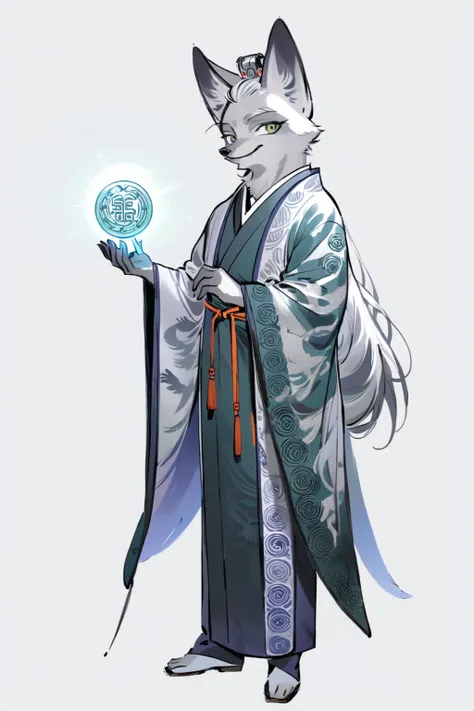 (((masterpiece))),(((best quality))),((ultra-detailed)), solo,ani,
A silver fox holding an antique jade seal, adorned in a silver brocade robe, the seal engraved with mysterious runes, emanating an ancient aura.
white background, full body,Role concept des...