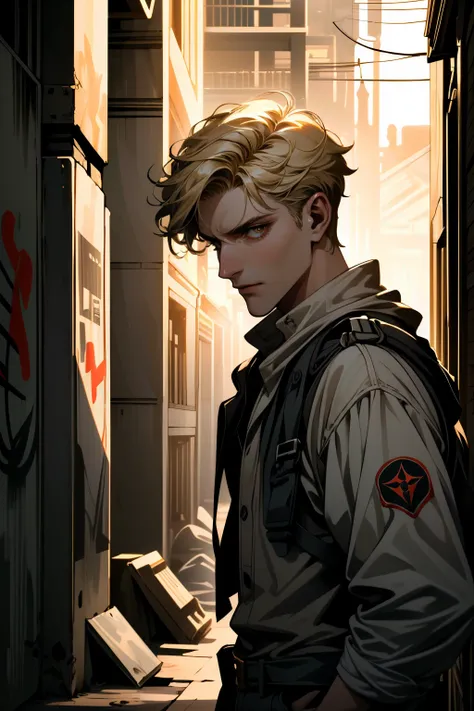 ((ultra detailed, masterpiece, absurdres))
 <lora:HOAEric:0.8>
HOAEric, 1boy, blonde hair, short hair, looking at viewer, in a gritty urban alleyway, graffiti-covered walls, edgy lighting