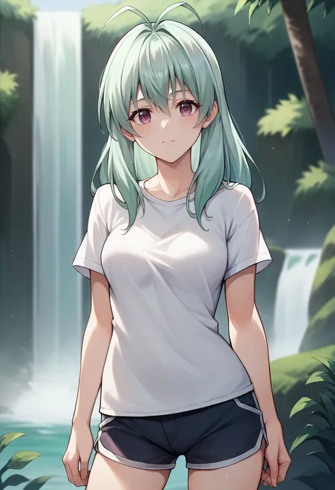 score_9,score_8_up,score_7_up,score_6_up,score_5_up,score_4_up,
1girl, run elsie jewelria, long hair, antenna hair, breasts, t-shirt, shorts, 
cowboy shot, solo, looking at viewer, outdoors, waterfall,
<lora:runponyxl:1>