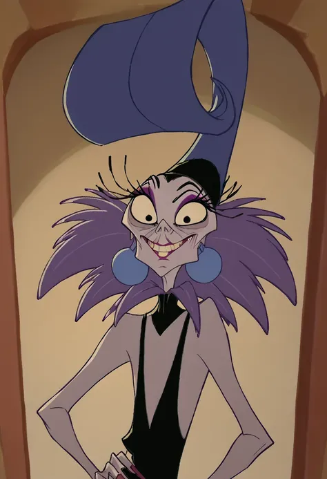 yzma, solo, 1girl, mature_female, eyelashes, black dress, earrings, jewelry, fur collar, makeup, headdress, teeth, long fingernails, looking at viewer, score_9, score_8_up, score_7_up, score_6_up, score_5_up, score_4_up, looking at viewer, hand on own hip,...