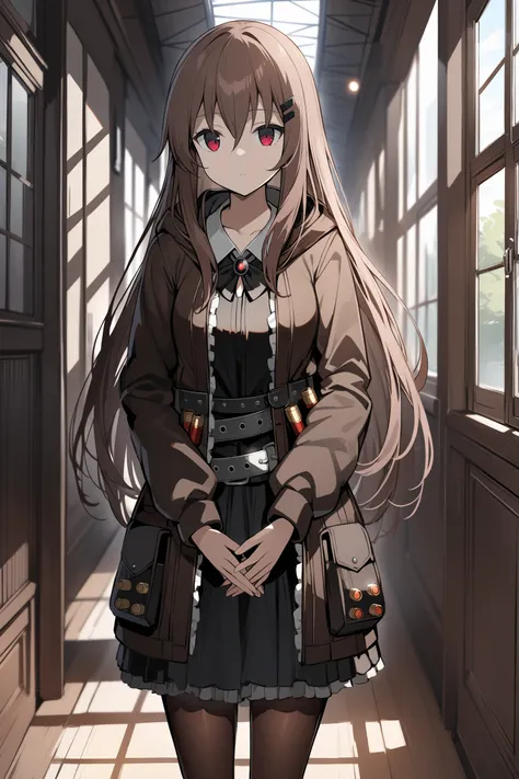 masterpiece, absurdres, high detail, 8k,
school, hallway, window, sunbeam,
standing, expressionless, own hands together,
marfusha, hairclip, brown coat, hooded coat, long sleeves, brooch, shotgun shell, black dress, belt, frills, brown pantyhose, black foo...