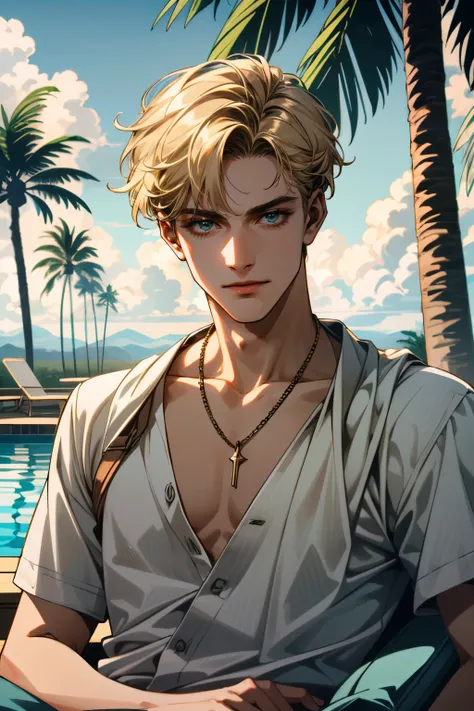 ((ultra detailed, masterpiece, absurdres))
 <lora:HOAEric:0.8>
HOAEric, 1boy, blonde hair, short hair, looking at viewer, lounging by a poolside, with palm trees swaying in the tropical breeze