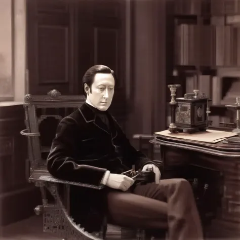 Data sitting in his metal swivel chair at an oak desk. He smokes a pipe and has a shaved face and wavy short brown hair. On the desk sits a wooden box and a laptop computer.
19th century, antique photo, monochrome, clear, masterpiece