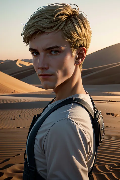 ((ultra detailed, masterpiece, absurdres))
 <lora:HOAEric:0.8>
HOAEric, 1boy, blonde hair, short hair, looking at viewer, Desert landscape with dramatic shadows, golden hour