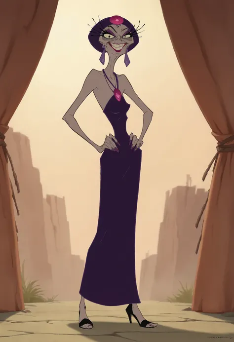 Yzma, solo, turban, jewelry, mature_female, purple dress, standing, eyelashes, earrings, 1girl, gem, high heels, necklace, score_9, score_8_up, score_7_up, score_6_up, score_5_up, score_4_up, looking at viewer, hand on own hip, cowboy shot,smile,  <lora:Zy...