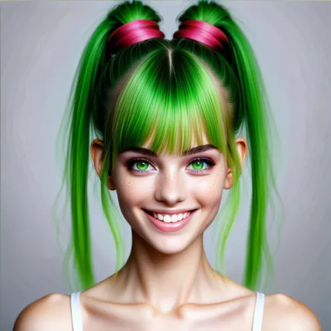 bangs, messy bun hair, photorealistic, Negativo:  EasyNegative, disfigured, soft makeup, drawing, cross-eyed, illustration, Portrait, ugly, painting, braids, girl, clear skin, smiling green eyes, tight body, smiling, realistic, glitch, very long streaked g...