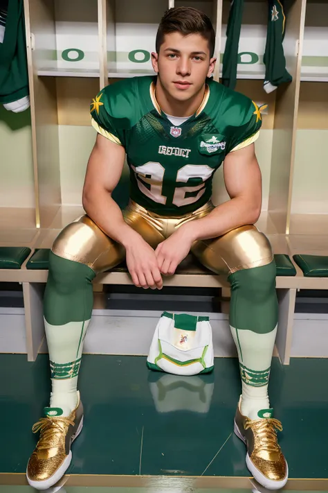 locker room, sitting on a bench, in front of lockers, slightly smiling, BrenoSoares is an (American football player), wearing (football uniform:1.3), (green jersey:1.4), green (shoulder pads), jersey number 14, (pale gold football pants:1.4), (green socks:...