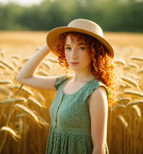 Outdoor portrait of a young woman with curly red hair,wide-brimmed hat,direct gaze,natural daylight,golden hour sunlight,freckles,hint of greenery in soft-focus background,subtle bokeh,summer dress,holding wheat,warm color tones,soft texture,20 years old,C...