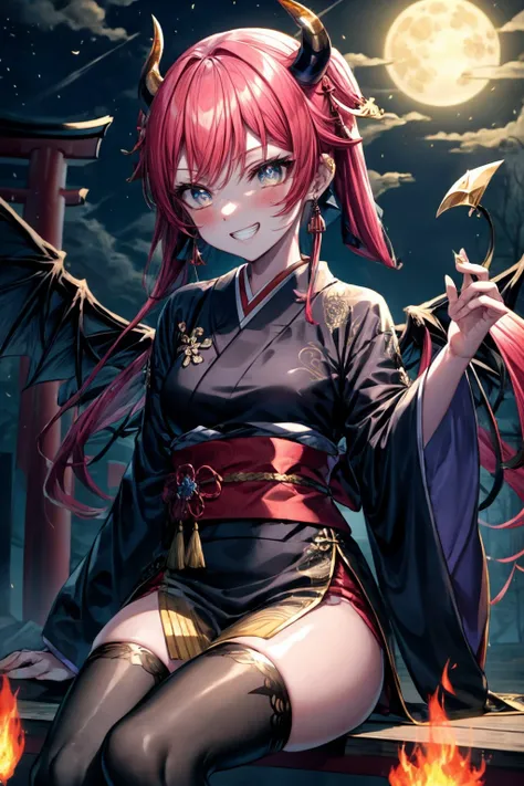 (masterpiece), best quality, expressive eyes, perfect face, xuewang, looking at viewer, blush, smile, thighhighs, twintails, jewelry, sitting, earrings, japanese clothes, wings, horns, sky, cloud, grin, night, moon, fire, feathered wings, full moon, black ...