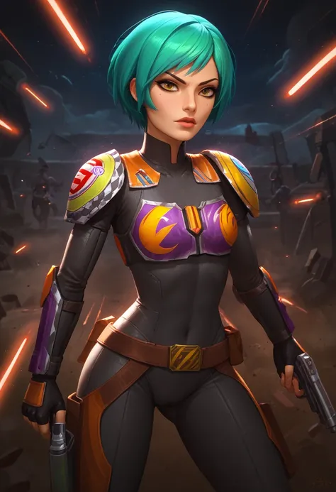 score_9, score_8_up, score_7_up,  <lora:Sabine_Wren:0.7> short hair, green hair, mando armor, <lora:fatetest:1>, blaster, lasers