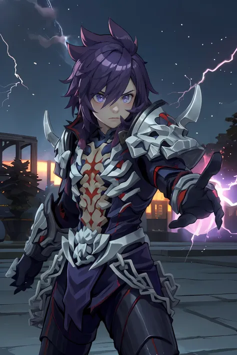 masterpiece, best quality, ultra-detailed, 1boy, solo, thanatos_rom, beautiful, fierce, agony, fighting stance, purple aura, cowboy shot, looking at viewer, light particles, lightning, Chill of twilight theme, vivid colors, dark and magical atmosphere,
<lo...