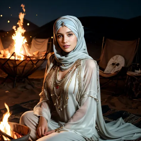 (Moroccan desert camp, SFW, long kaftan with long sleeves, headscarf, beaded necklace, sitting by the campfire, evening:1.35) Instagram_Influencer_84_By_Stable_Yogi
Faceshot_By_stable_yogi
<lora:Detail Blaster By Stable Yogi:0.5>
(center_parted_long_wavy_b...