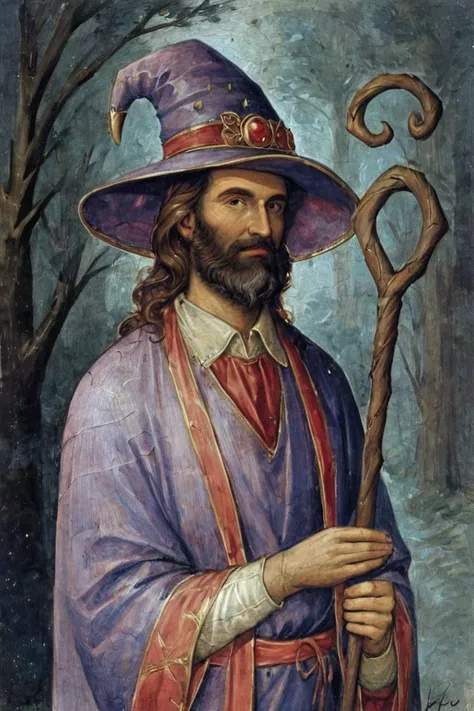 score_9, score_8_up, score_7_up, rating_safe, traditional media, realistic, 1boy, solo, male focus, mature male, wizard, long hair, brown hair, black eyes, looking at viewer, hat, facial hair, beard, mustache, staff, wizard hat, purple hat, shirt, collared...