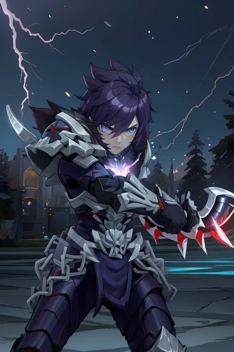 masterpiece, best quality, ultra-detailed, 1boy, solo, thanatos_rom, beautiful, fierce, agony, fighting stance, holding sword, purple aura, cowboy shot, looking at viewer, light particles, lightning, Chill of twilight theme, vivid colors, dark and magical ...