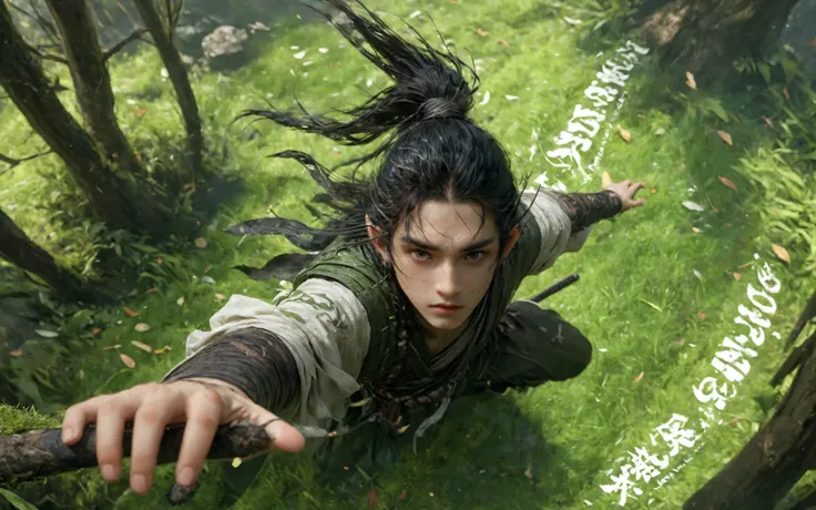 XUER martial arts style,solo,long hair,black hair,1boy,holding,brown eyes,jewelry,ponytail,male focus,outdoors,tree,leaf,from above,scar,bandages,grass,elf,nature,branch,Splattered black ink,Detailed text,
<lora:绪儿XL 武侠:0.8>,highly detailed,ultra-high reso...