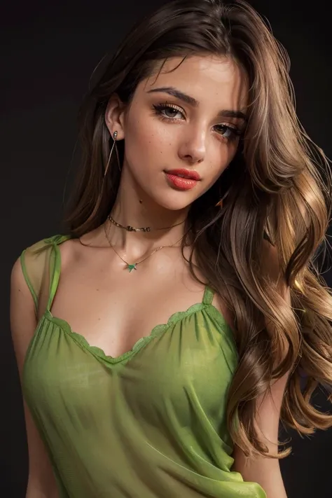 <lora:Sarah:.7>, seductive expression, expressive , upper body, at front, portrait, simple background, dark background,  <lora:GoodHands-vanilla:0.8> better_oppai, flat chest, , long hair, Kelly Green cat eye liner, earrings, necklace, Mauve  sheer lipstic...