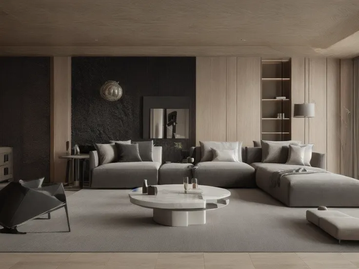 a living room with a couch, chair, coffee table and a rug on the floor and a window, muted colors, a 3D render, light and space,Dark style,Marble elements in the background