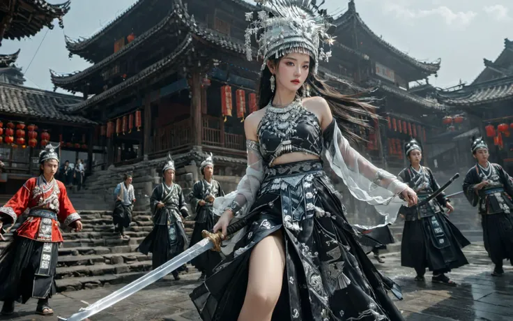 XUER martial arts style,1girl,long hair,black hair,holding,standing,weapon,multiple boys,solo focus,holding sword,polearm,6+boys,flag,architecture,east asian architecture,banner,soldier,army,
panorama,huge filesize,(wide shot, wide-angle lens,Panoramic:1.2...