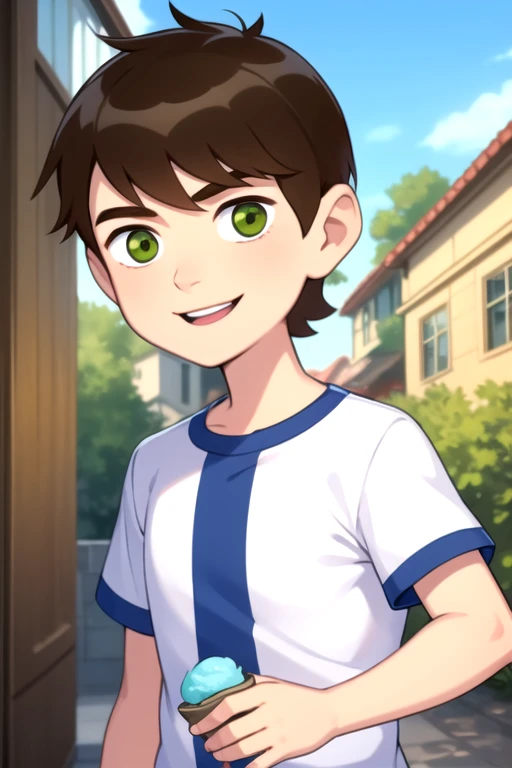 Benclassic,1boy,solo,holding,ice cream,smile blue sky,brown hair,short hair,green eyes,white shirt, short sleeves,green pants,masterpiece,best quality