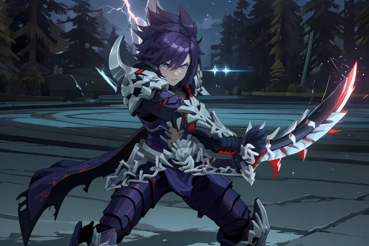 masterpiece, best quality, ultra-detailed, 1boy, solo, thanatos_rom, beautiful, fierce, agony, fighting stance, holding sword, purple aura, cowboy shot, looking at viewer, light particles, lightning, Chill of twilight theme, vivid colors, dark and magical ...