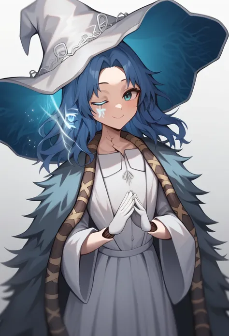 score_9,score_8_up,score_7_up,<lora:ranni_the_witch_pony:1>,extra_faces,smile,absurdres,highres,white_hat,white_dress,closed_mouth,own_hands_together,english_commentary,;),kawashiro_nitori,fur_cloak,1girl,large_hat,ranni_the_witch_(cosplay),extra_arms,whit...