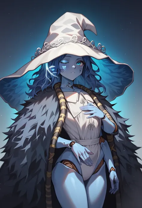 score_9,score_8_up,score_7_up,<lora:ranni_the_witch_pony:1>,fur_cape, 1girl, large_hat, doll_joints, extra_arms, cracked_skin, extra_faces, fur_cloak, solo, blue_skin, ranni_the_witch, highres, witch_hat, looking_at_viewer