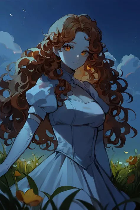 score_9, score_8_up, score_7_up, rating_safe, dark theme, low light, 1girl, solo, long hair, curly hair, wavy hair, orange hair, orange eyes, looking at viewer, breasts, dress, white dress, puffy sleeves, puffy short sleeves, short sleeves, gloves, elbow g...