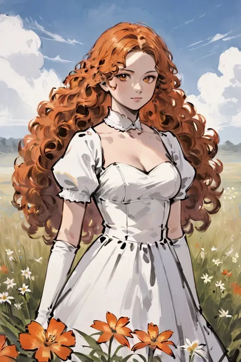 score_9, score_8_up, score_7_up, rating_safe, 1girl, solo, long hair, curly hair, wavy hair, orange hair, orange eyes, looking at viewer, breasts, dress, white dress, puffy sleeves, puffy short sleeves, short sleeves, gloves, elbow gloves, white gloves, co...