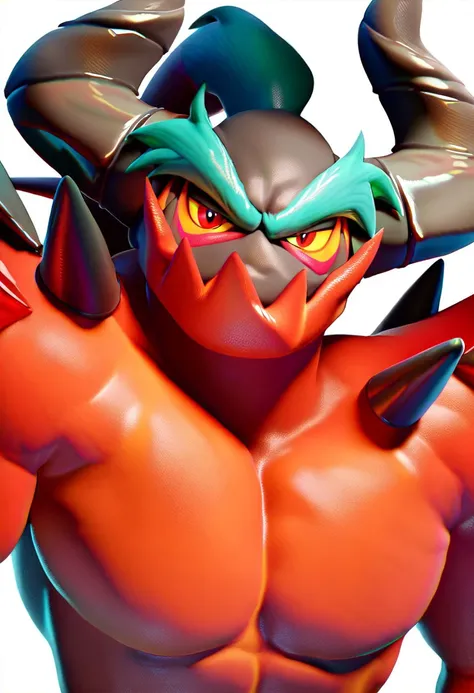 score_9,score_8_up,score_7_up,score_6_up,score_5_up,score_4_up, Zavok, zeti, solo, close up, yellow sclera, red eyes, horns, pectorals, shoulder spikes, simple background, looking at viewer, angry