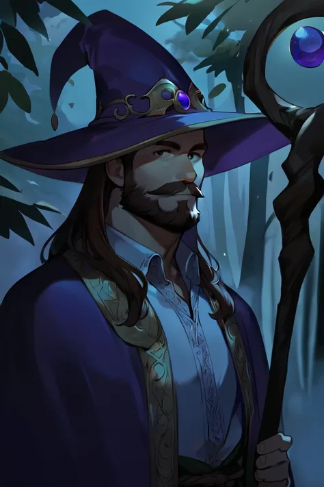 score_9, score_8_up, score_7_up, rating_safe, dark theme, low light, 1boy, solo, male focus, mature male, wizard, long hair, brown hair, black eyes, looking at viewer, hat, facial hair, beard, mustache, staff, wizard hat, purple hat, shirt, collared shirt,...