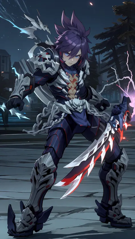 masterpiece, best quality, ultra-detailed, 1boy, solo, thanatos_rom, beautiful, fierce, agony, fighting stance, holding sword, purple aura, full body, looking at viewer, light particles, lightning, Chill of twilight theme, vivid colors, dark and magical at...