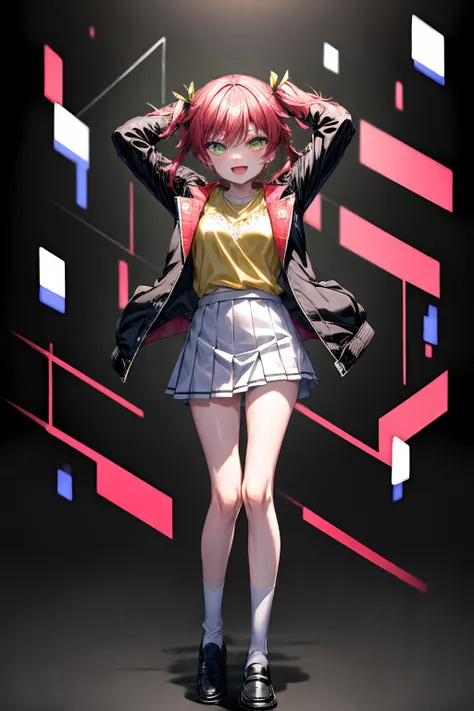 (masterpiece), best quality, expressive eyes, perfect face, xuewang, looking at viewer, smile, open mouth, skirt, shirt, long sleeves,ribbon, twintails, green eyes, standing, jacket, full body, hair ribbon, :d, pleated skirt, open clothes, shoes, socks, ho...