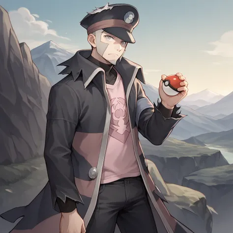 score_9,score_8_up,score_7_up,score_6_up,source_anime,rating_questionable, cowboy shot,looking at viewer ,solo, 1boy, mountain region, cliffs, <lora:Ingo_-_Pokemon_BWPLA:0.8> Ingo_LA, grey hair, grey eyes, sideburns, goatee, black hat, black coat, torn coa...